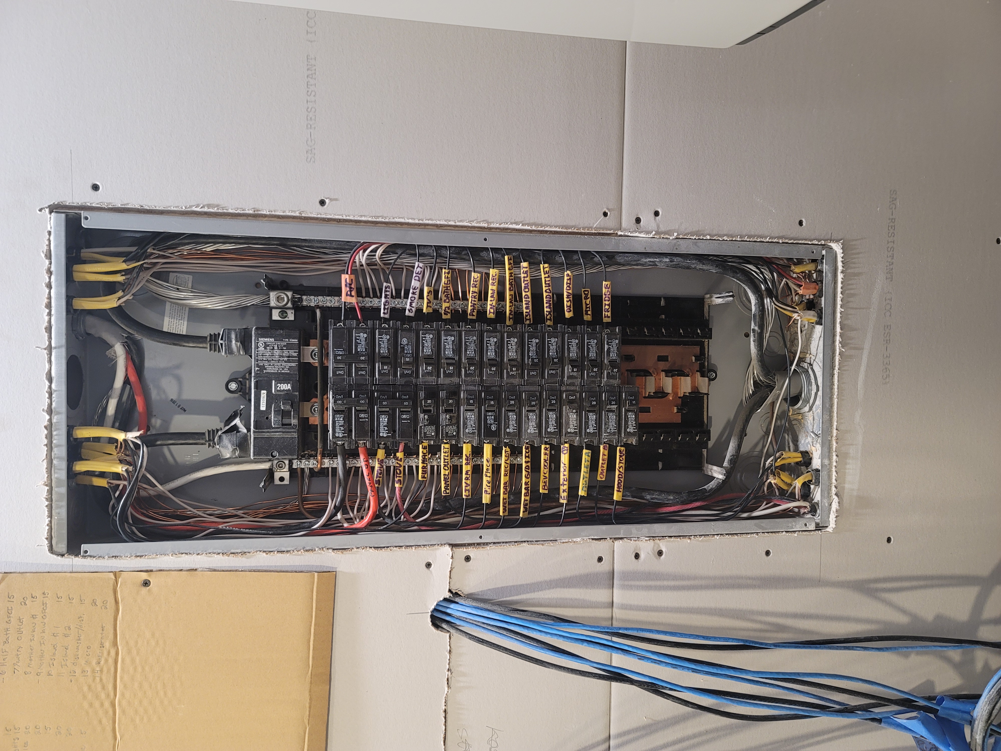 Electrical panel with circuit breakers and handwritten labels; wires visible on either side