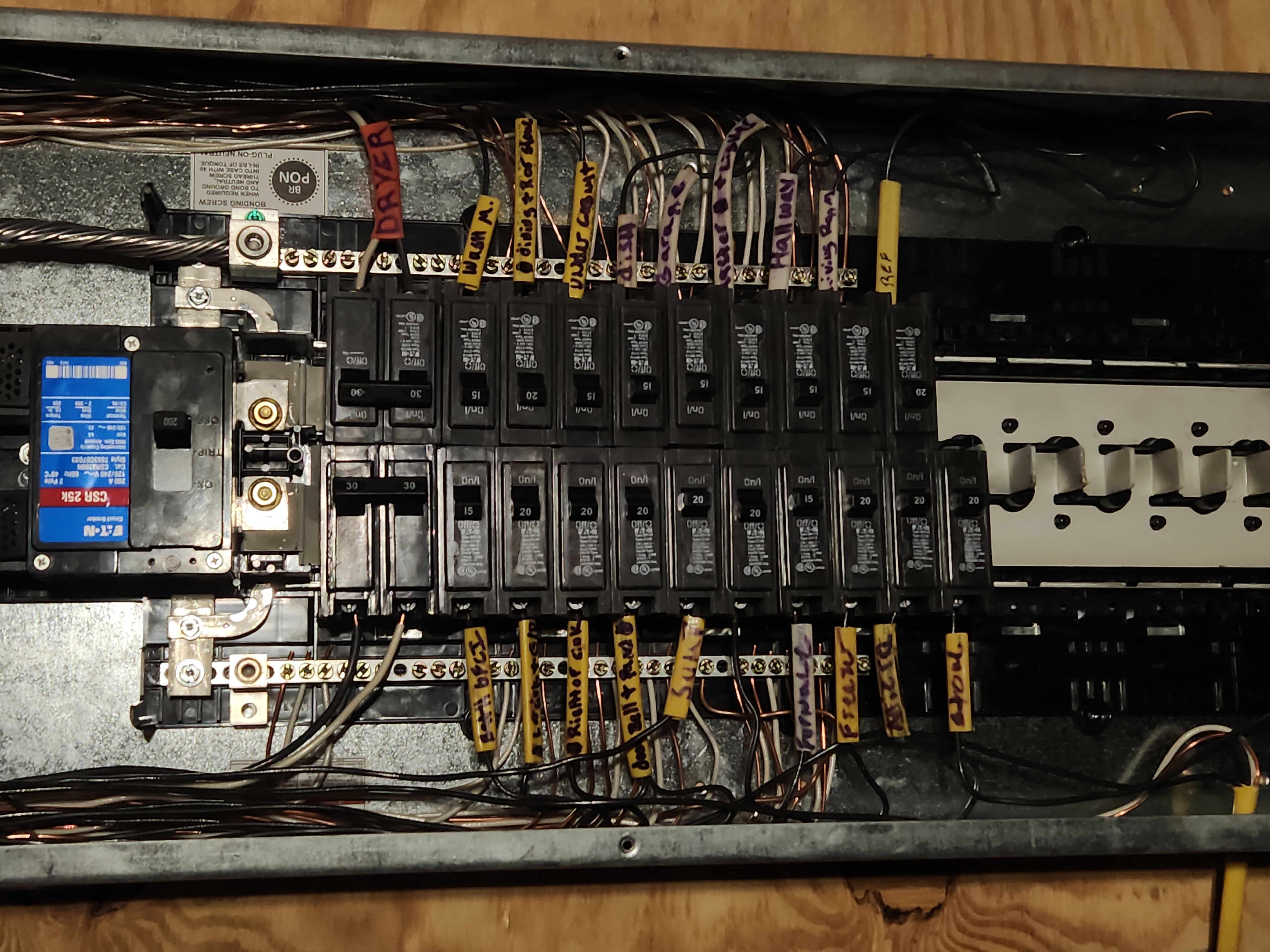 Open gray electrical panel with circuit breakers, installed in a wooden wall